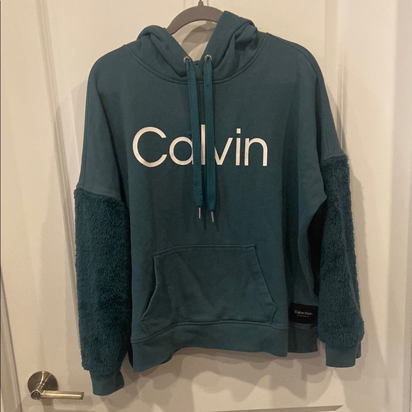 Calvin Klein Tops - Calvin Klein Teal Hoodie with Fuzzy Sleeves